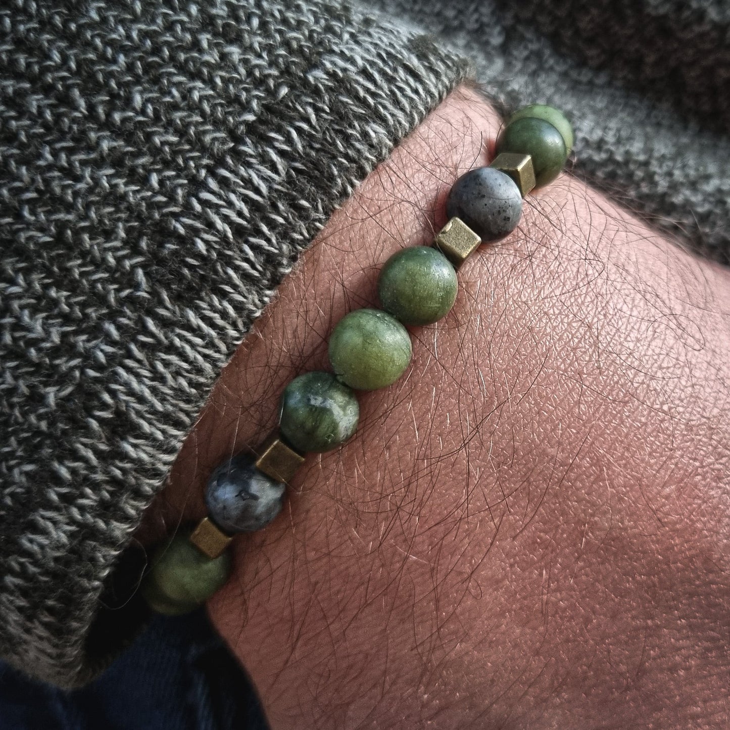Bracelet with Jade and Larvikite beads | ,,Ancient Forest"
