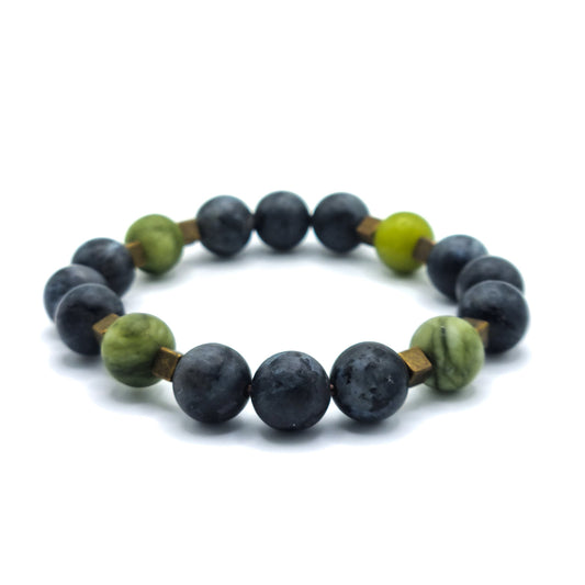 Bracelet with Larvikite and Jade beads Big Stone | ,,Forest Stone"
