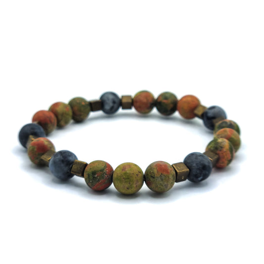 Bracelet with Unakit and Larvikite beads | ,,Fire Stone"