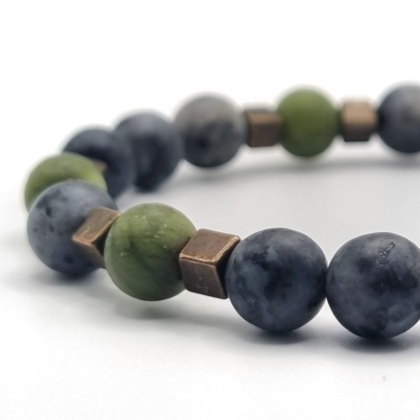 Bracelet with Larvikite and Jade beads | ,,Forest Stone"