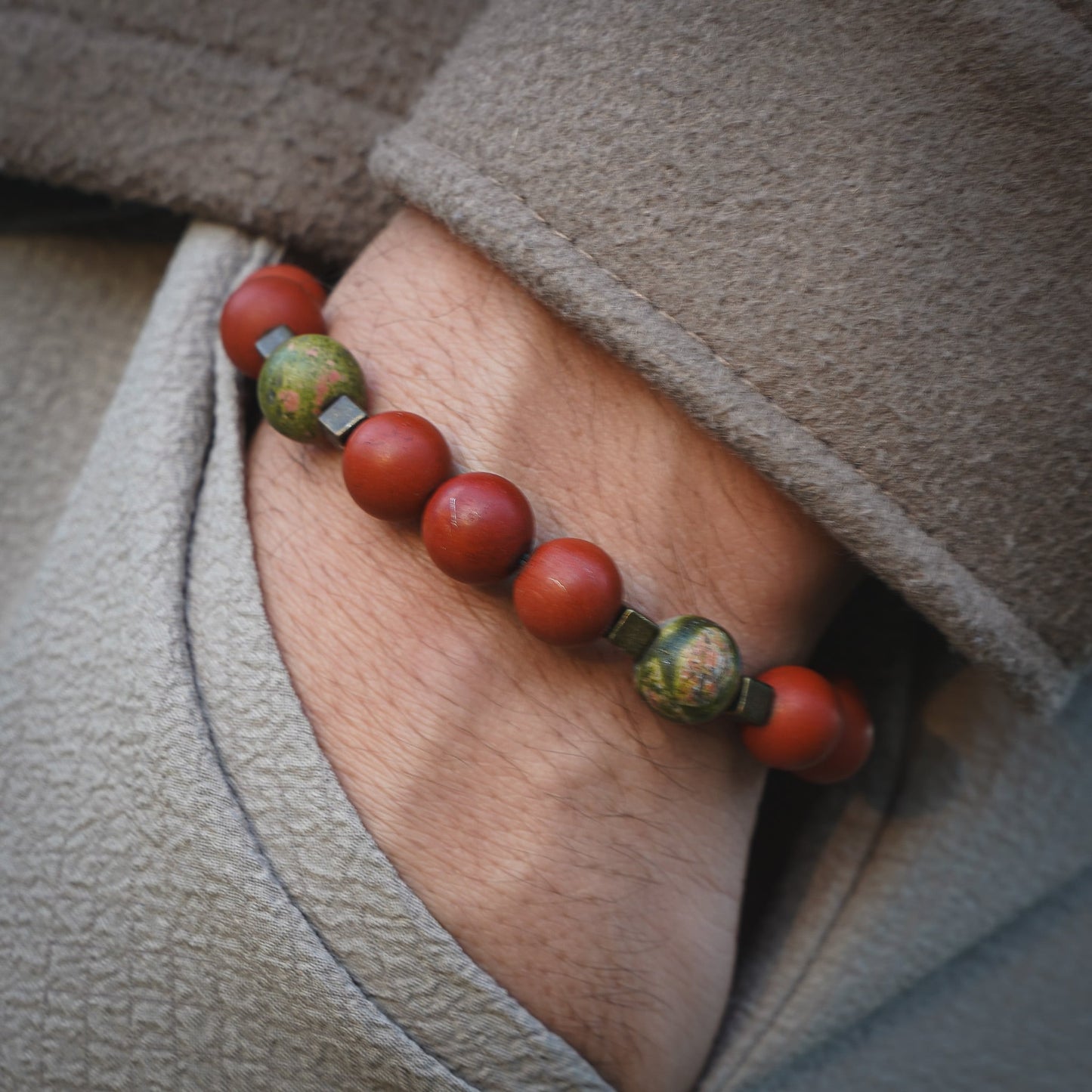 Bracelet with Unakit and Red Stone Jasper beads Big Stone | ,,Aztec Stone"