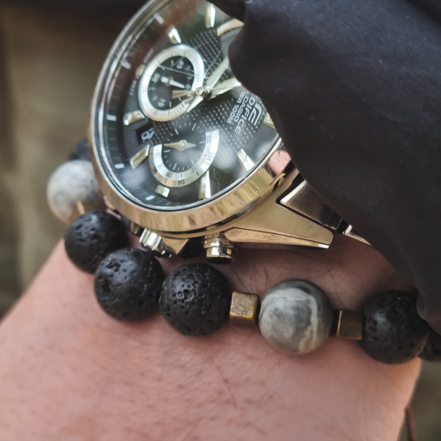 Armband mit Lavastone und Jaspis Perlen Big Stone | ,,Midnight Walk"
